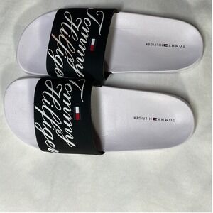 Tommy Hilfiger Slides Mens Size 7M Black White Logo Slip On Sandals